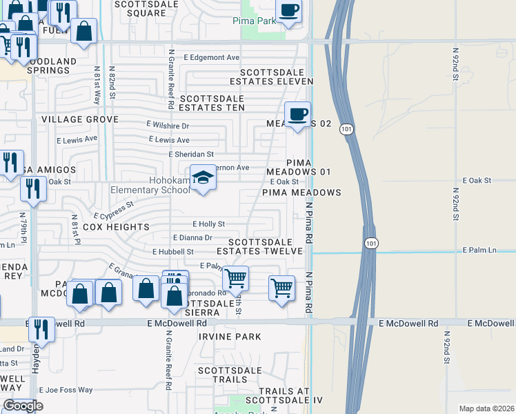 map of restaurants, bars, coffee shops, grocery stores, and more near 8666 East Cypress Street in Scottsdale