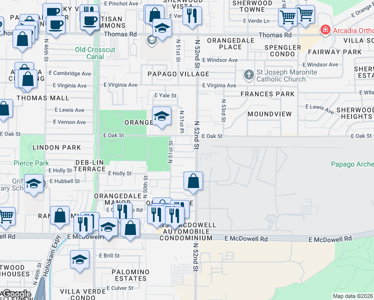map of restaurants, bars, coffee shops, grocery stores, and more near 5117 East Oak Street in Phoenix