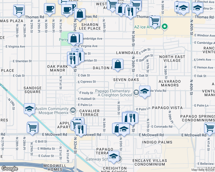 map of restaurants, bars, coffee shops, grocery stores, and more near 3412 East Cypress Street in Phoenix