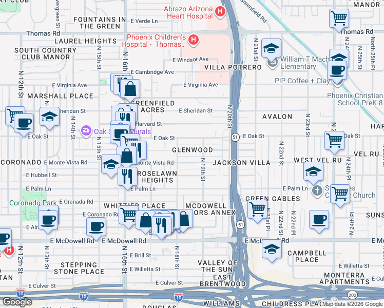 map of restaurants, bars, coffee shops, grocery stores, and more near 1817 East Oak Street in Phoenix