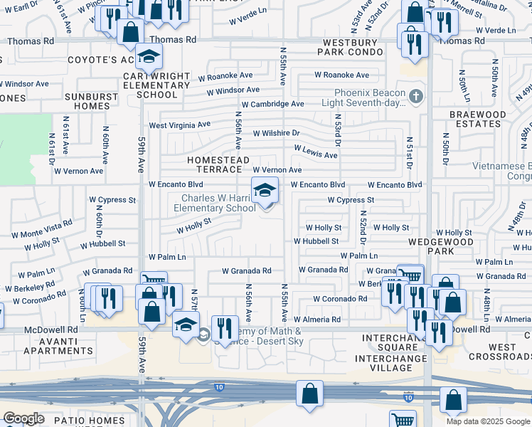 map of restaurants, bars, coffee shops, grocery stores, and more near 2252 North 55th Avenue in Phoenix