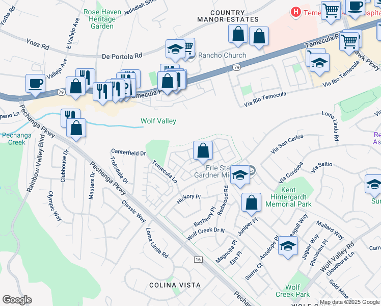 map of restaurants, bars, coffee shops, grocery stores, and more near 31156 Strawberry Tree Lane in Temecula