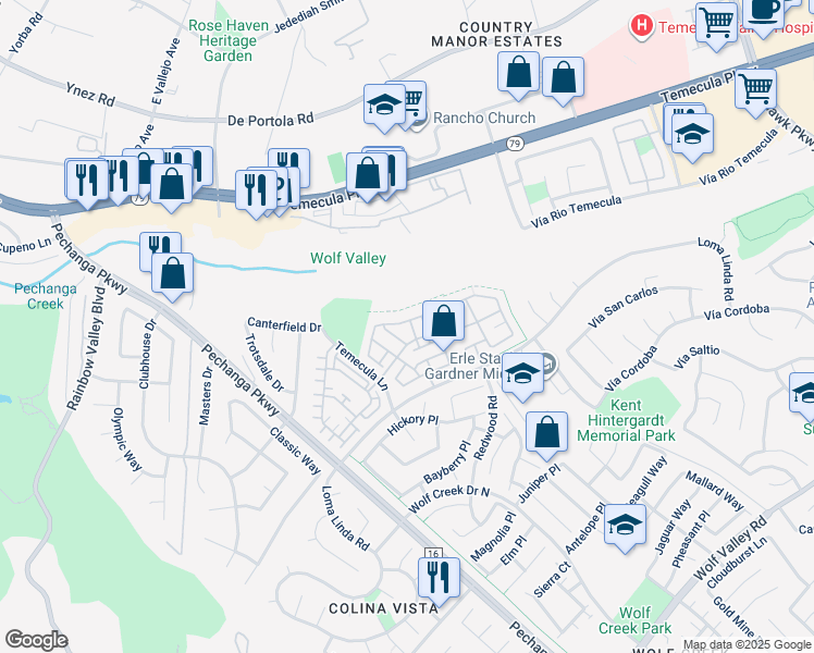 map of restaurants, bars, coffee shops, grocery stores, and more near 31156 Strawberry Tree Lane in Temecula
