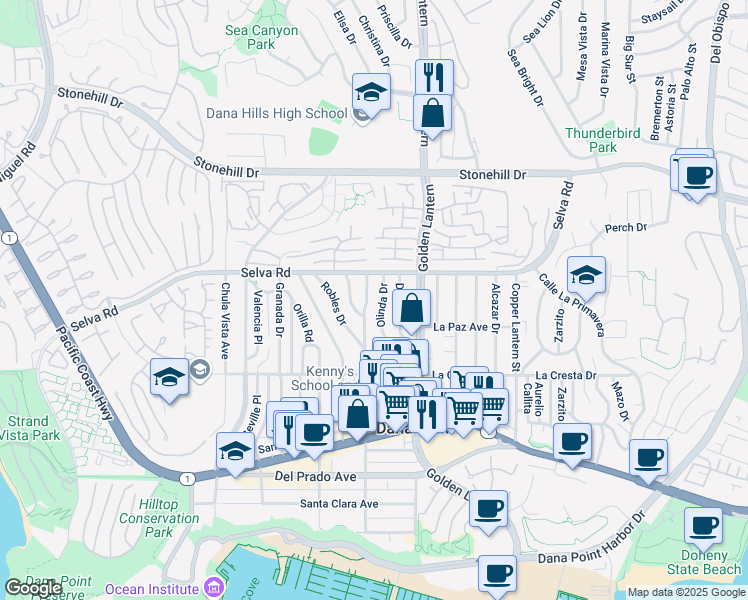 map of restaurants, bars, coffee shops, grocery stores, and more near 33751 Street of the Violet Lantern in Dana Point