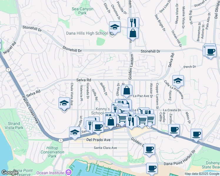 map of restaurants, bars, coffee shops, grocery stores, and more near 33751 Street of the Violet Lantern in Dana Point