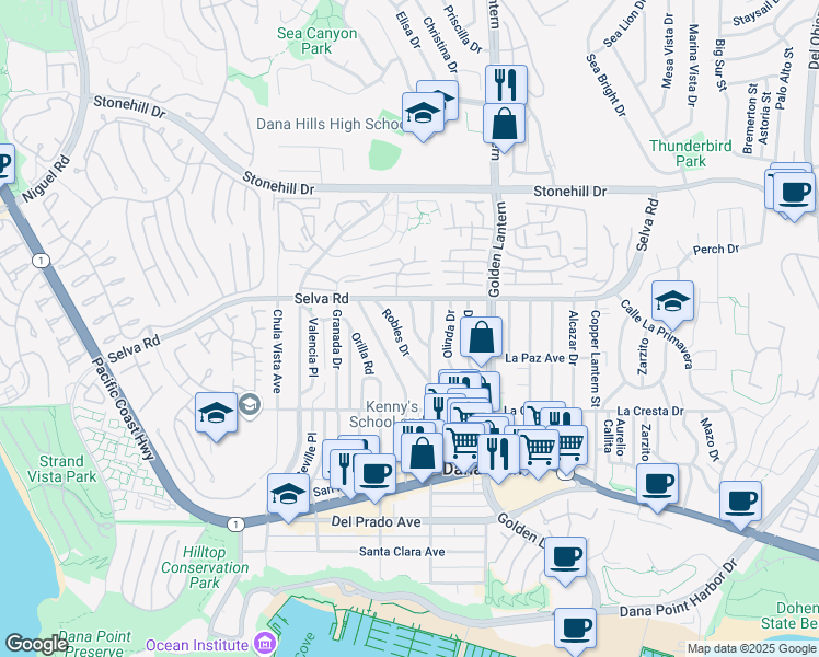 map of restaurants, bars, coffee shops, grocery stores, and more near 33751 Street of the Violet Lantern in Dana Point