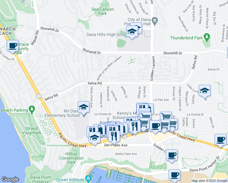 map of restaurants, bars, coffee shops, grocery stores, and more near 33752 Granada Drive in Dana Point