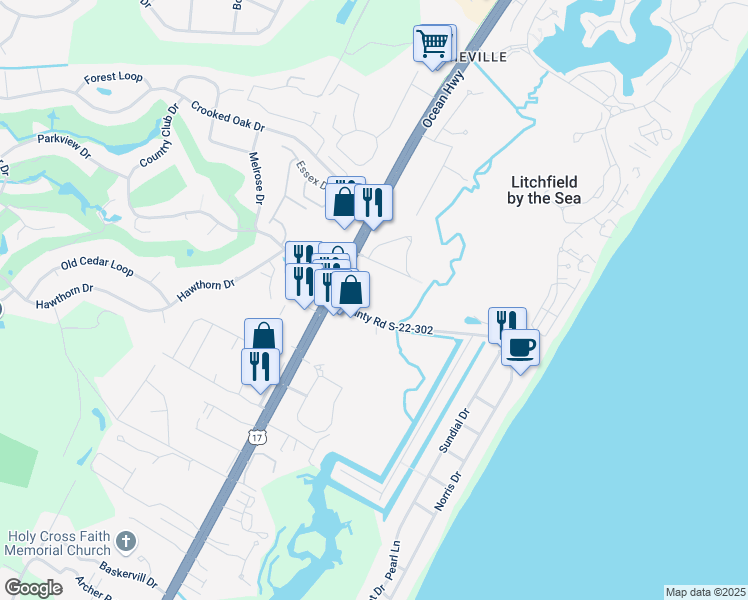 map of restaurants, bars, coffee shops, grocery stores, and more near 92 County Road S-22-757 in Pawleys Island