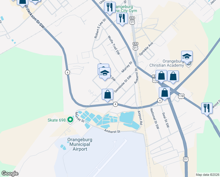 map of restaurants, bars, coffee shops, grocery stores, and more near 319 Murray Road Southwest in Orangeburg