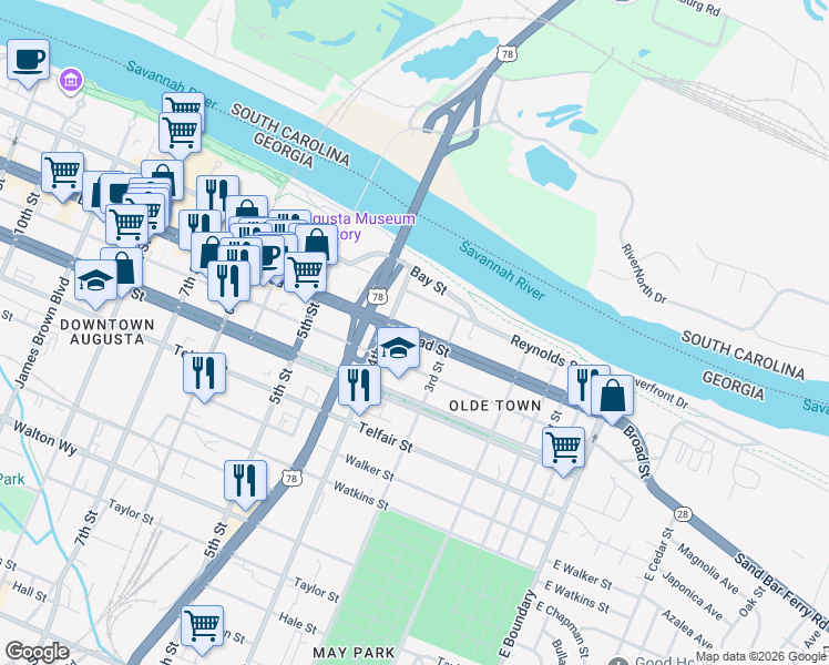map of restaurants, bars, coffee shops, grocery stores, and more near 108 4th Street in Augusta