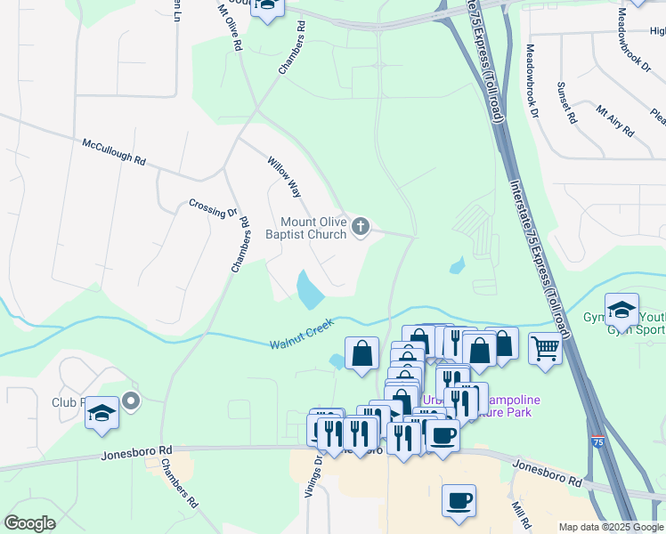map of restaurants, bars, coffee shops, grocery stores, and more near 100 Walnut Court in Stockbridge