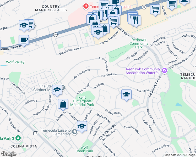 map of restaurants, bars, coffee shops, grocery stores, and more near 31705 Vía Cordoba in Temecula