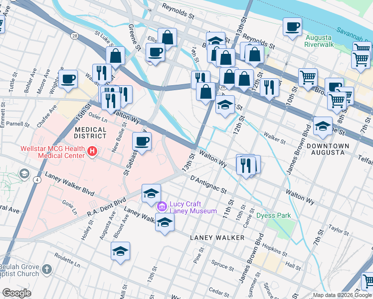 map of restaurants, bars, coffee shops, grocery stores, and more near 811 13th Street in Augusta