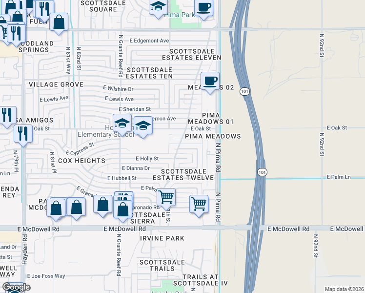 map of restaurants, bars, coffee shops, grocery stores, and more near 8666 East Cypress Street in Scottsdale