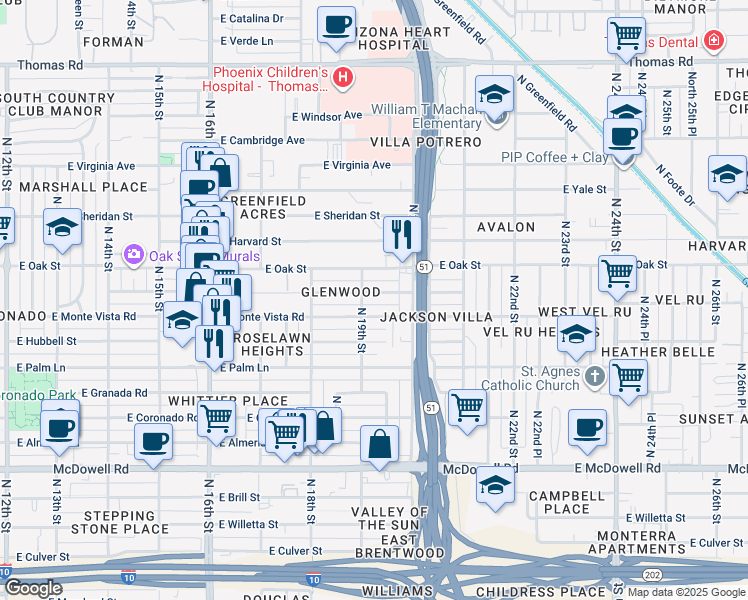 map of restaurants, bars, coffee shops, grocery stores, and more near 1909 East Cypress Street in Phoenix