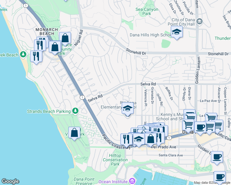 map of restaurants, bars, coffee shops, grocery stores, and more near 24115 Gourami Bay in Dana Point