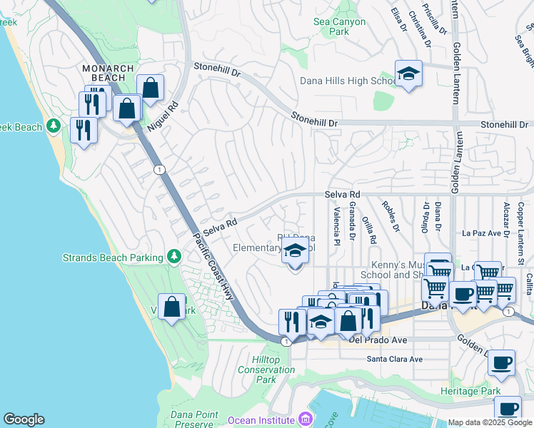 map of restaurants, bars, coffee shops, grocery stores, and more near 24091 Windward Drive in Dana Point