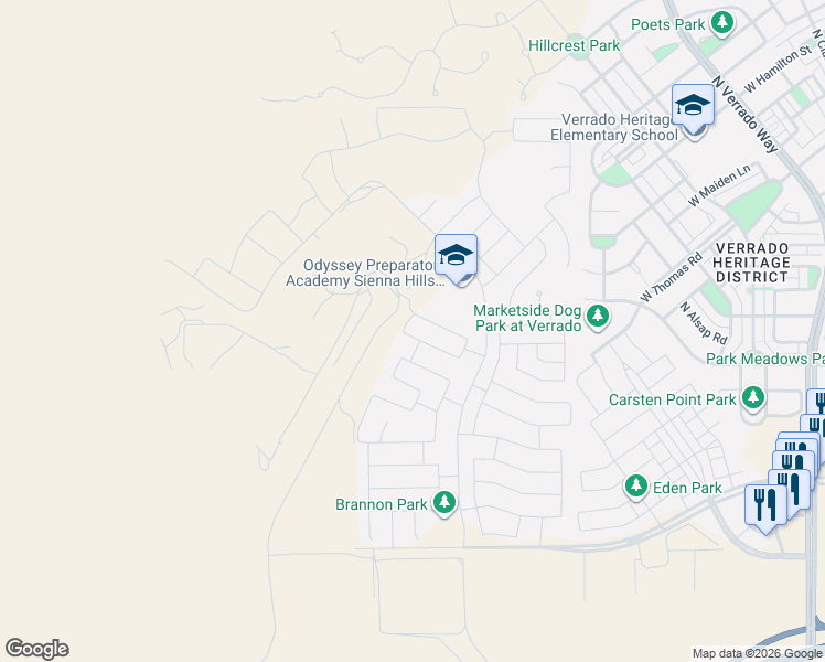 map of restaurants, bars, coffee shops, grocery stores, and more near 21419 West Alvarado Road in Buckeye