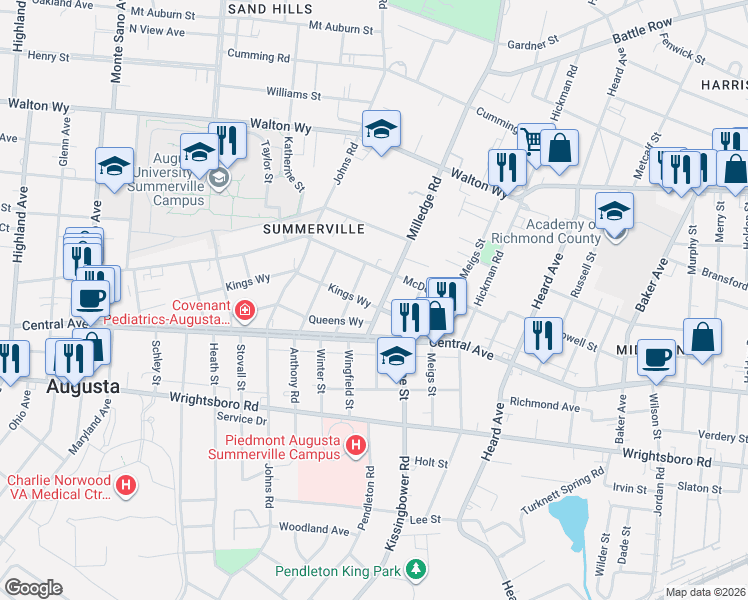 map of restaurants, bars, coffee shops, grocery stores, and more near 1103 Milledge Road in Augusta