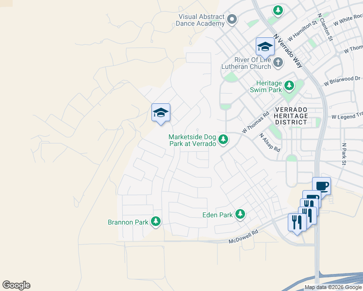 map of restaurants, bars, coffee shops, grocery stores, and more near 21419 West Alvarado Road in Buckeye