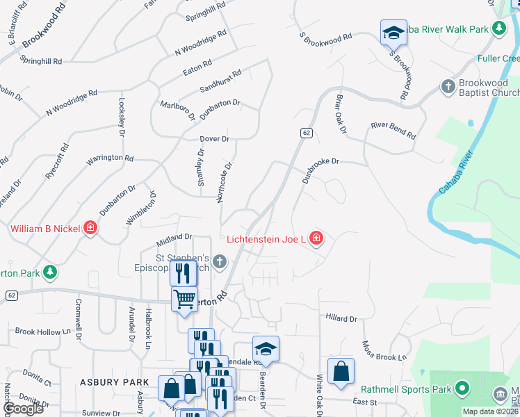 map of restaurants, bars, coffee shops, grocery stores, and more near 3305 Stoneridge Drive in Birmingham