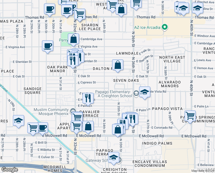map of restaurants, bars, coffee shops, grocery stores, and more near 3412 East Cypress Street in Phoenix