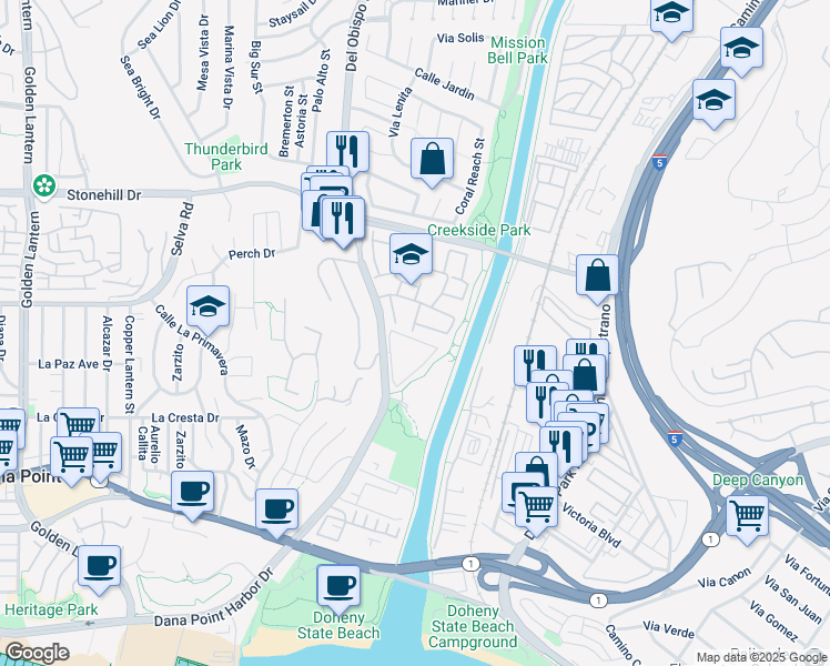 map of restaurants, bars, coffee shops, grocery stores, and more near 33762 Captains Lane in Dana Point