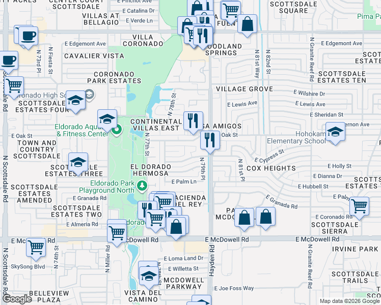 map of restaurants, bars, coffee shops, grocery stores, and more near 7913 East Oak Street in Scottsdale