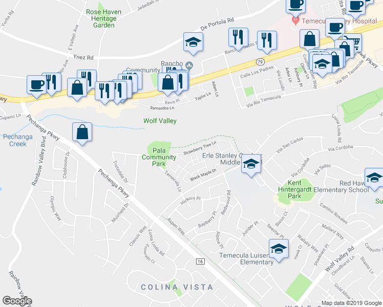 map of restaurants, bars, coffee shops, grocery stores, and more near 31167 Strawberry Tree Lane in Temecula