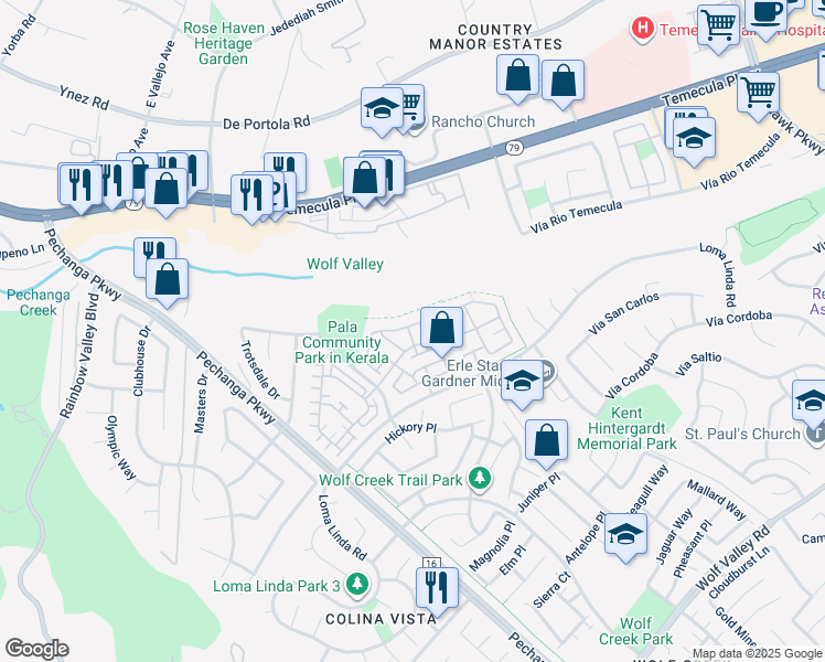 map of restaurants, bars, coffee shops, grocery stores, and more near 31167 Strawberry Tree Lane in Temecula