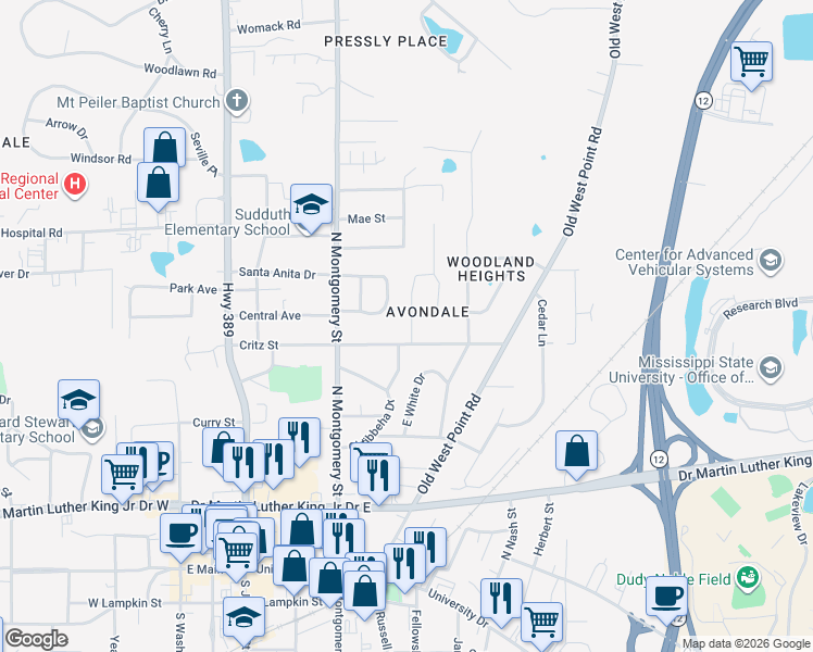 map of restaurants, bars, coffee shops, grocery stores, and more near 511 Overstreet Drive in Starkville
