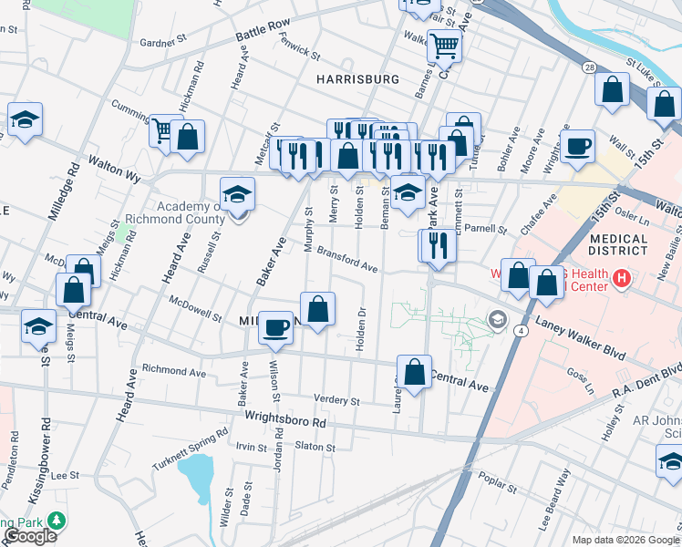 map of restaurants, bars, coffee shops, grocery stores, and more near 1716 Bransford Avenue in Augusta