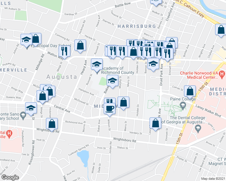 map of restaurants, bars, coffee shops, grocery stores, and more near 970 Baker Avenue in Augusta