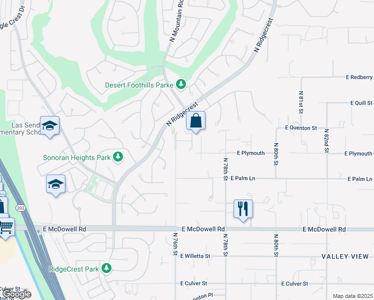 map of restaurants, bars, coffee shops, grocery stores, and more near 7631 East Presidio Street in Mesa