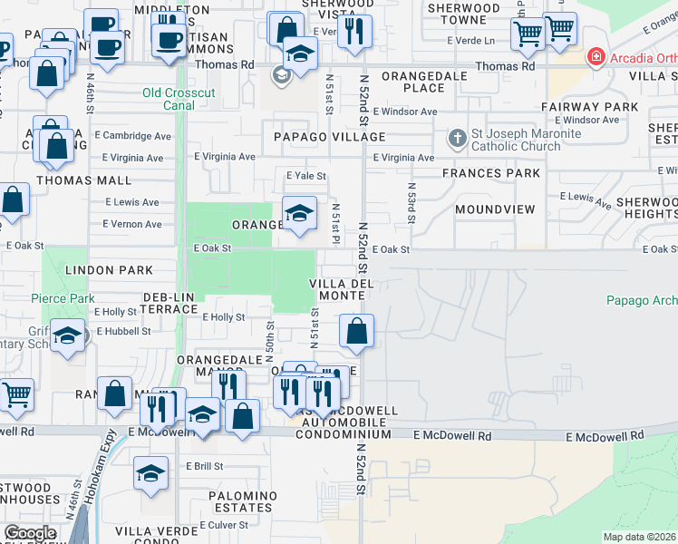 map of restaurants, bars, coffee shops, grocery stores, and more near 5117 East Oak Street in Phoenix