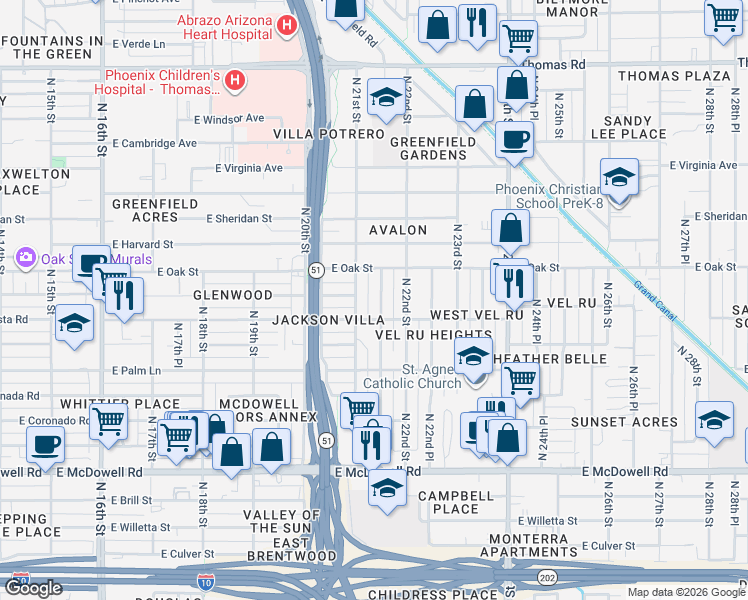 map of restaurants, bars, coffee shops, grocery stores, and more near 2235 North 21st Street in Phoenix