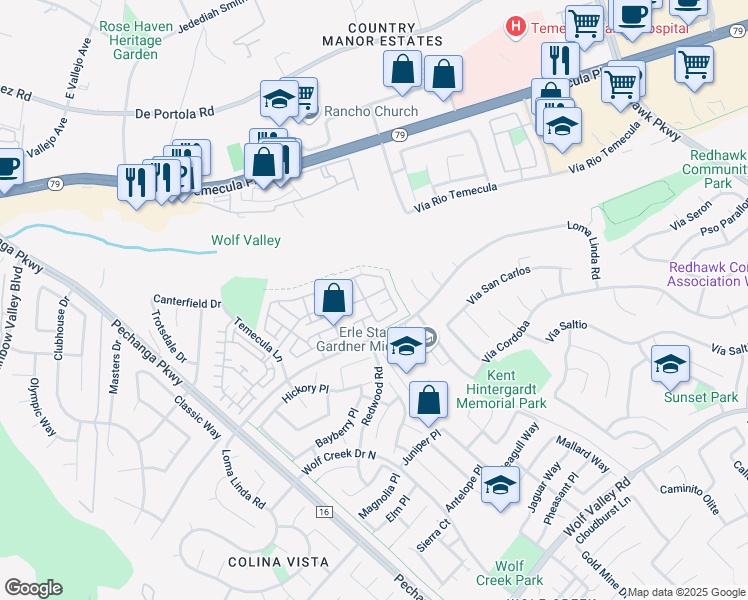 map of restaurants, bars, coffee shops, grocery stores, and more near 44842 Checkerbloom Drive in Temecula