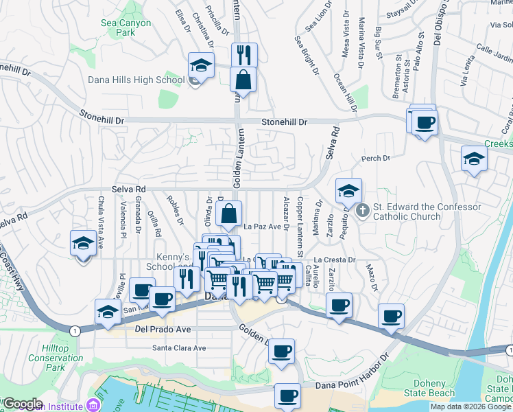 map of restaurants, bars, coffee shops, grocery stores, and more near 33791 Silver Lantern Street in Dana Point