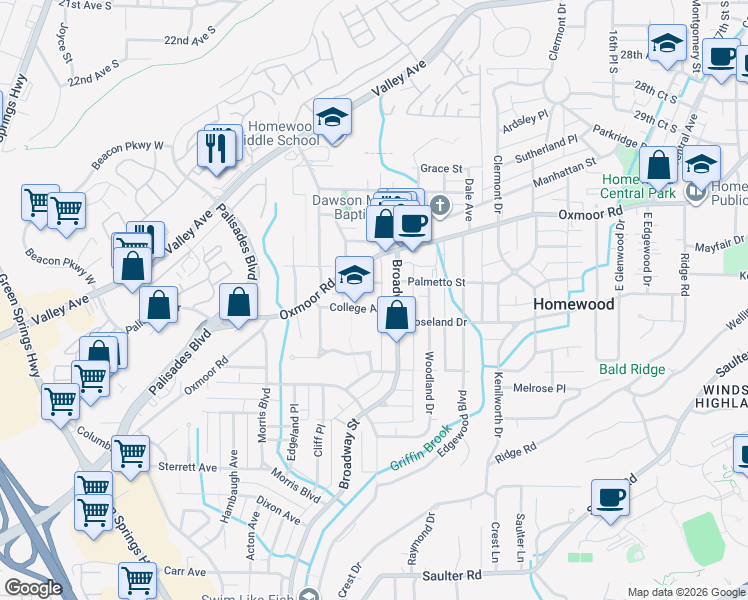 map of restaurants, bars, coffee shops, grocery stores, and more near 911 Palmetto Street in Birmingham