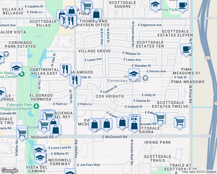 map of restaurants, bars, coffee shops, grocery stores, and more near 8258 East Cypress Street in Scottsdale
