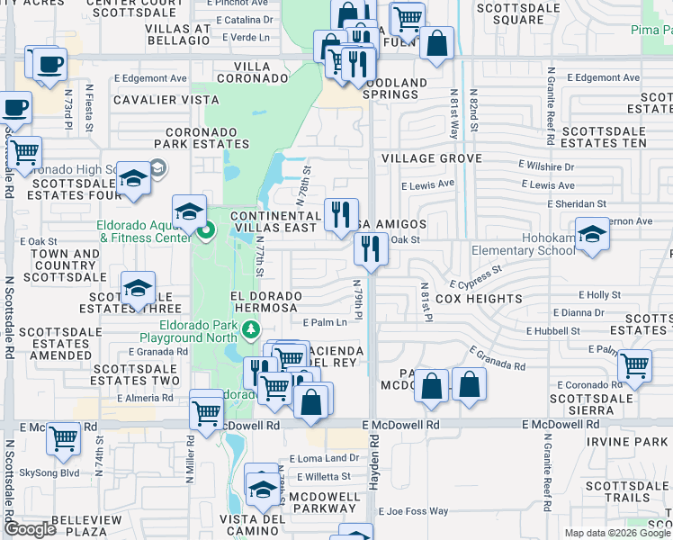 map of restaurants, bars, coffee shops, grocery stores, and more near 7913 East Oak Street in Scottsdale