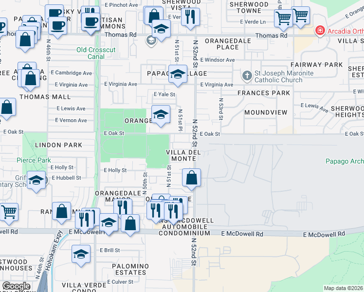 map of restaurants, bars, coffee shops, grocery stores, and more near 5117 East Oak Street in Phoenix