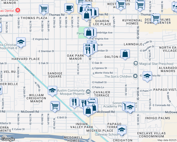 map of restaurants, bars, coffee shops, grocery stores, and more near 3208 East Cypress Street in Phoenix