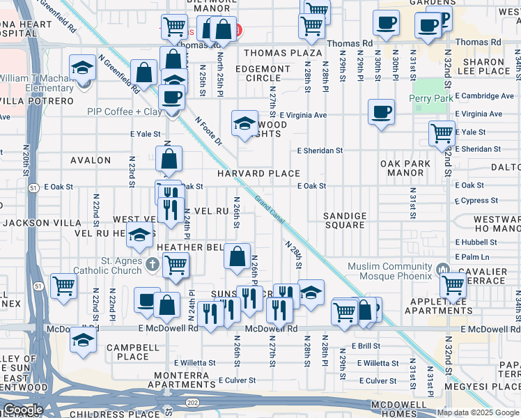 map of restaurants, bars, coffee shops, grocery stores, and more near 2222 North 27th Street in Phoenix