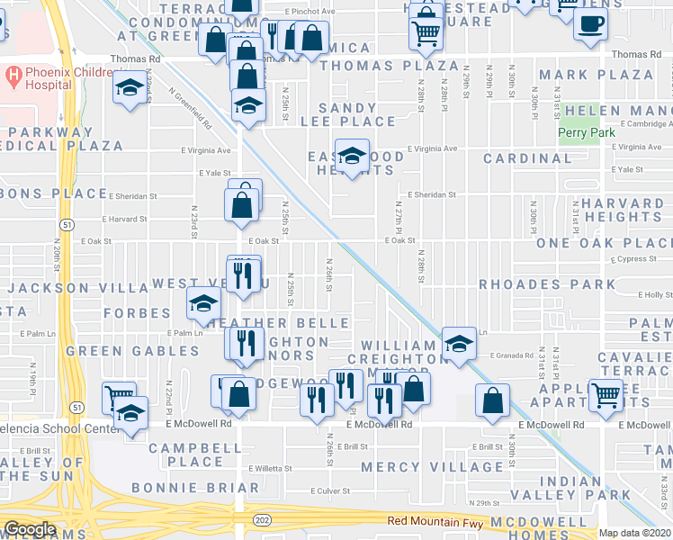 map of restaurants, bars, coffee shops, grocery stores, and more near 2219 North 25th Place in Phoenix