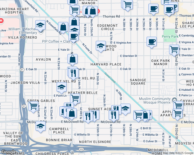 map of restaurants, bars, coffee shops, grocery stores, and more near 2219 North 25th Place in Phoenix
