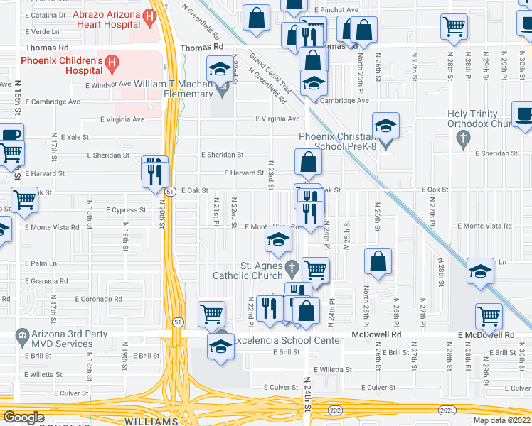 map of restaurants, bars, coffee shops, grocery stores, and more near 2233 North 23rd Street in Phoenix