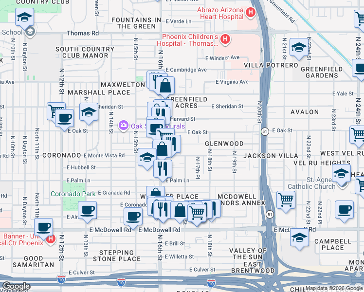 map of restaurants, bars, coffee shops, grocery stores, and more near 1649 East Oak Street in Phoenix