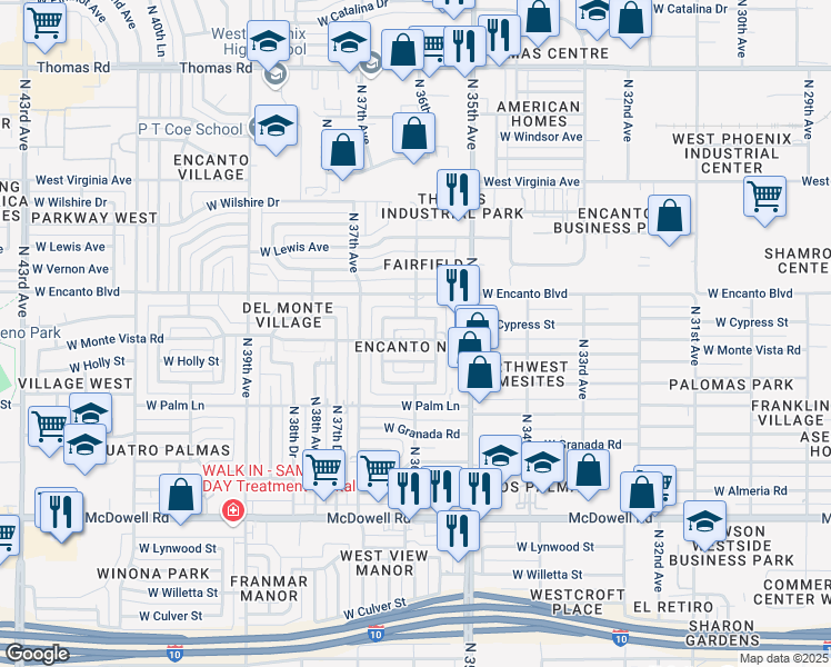 map of restaurants, bars, coffee shops, grocery stores, and more near 3608 West Cypress Street in Phoenix