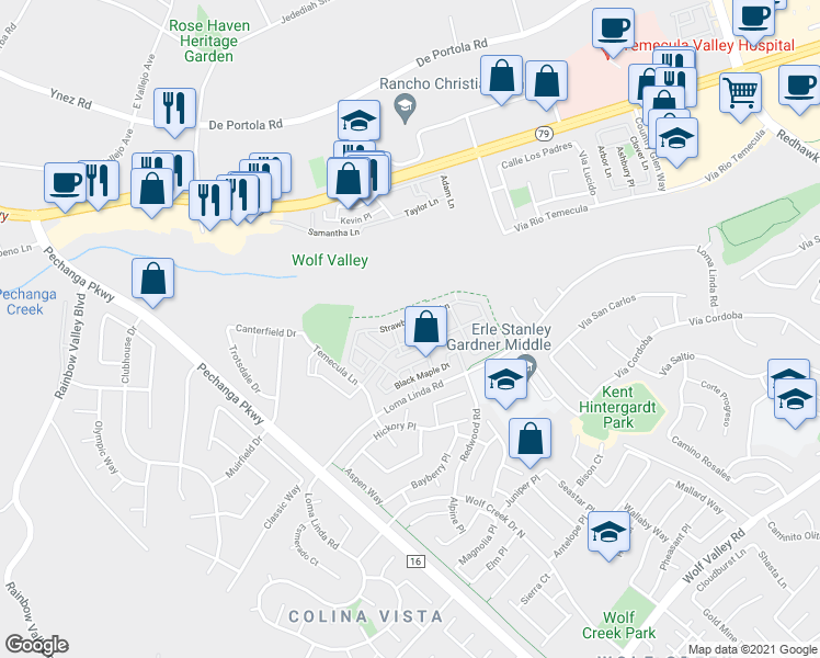 map of restaurants, bars, coffee shops, grocery stores, and more near 31216 Strawberry Tree Lane in Temecula
